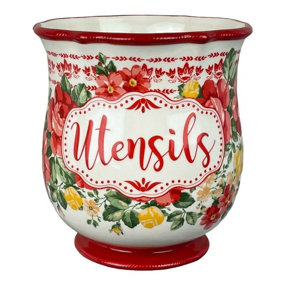 The Pioneer Woman Other - Pioneer Woman Utensil Holder Kitchen Crock Vintage Floral 7.5 " Red Blue Gold